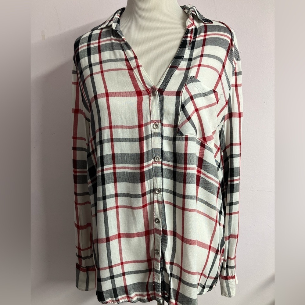 New York & Co. Women’s Long Sleeve Top/Shirt, Large, Black/White/Red Plaid